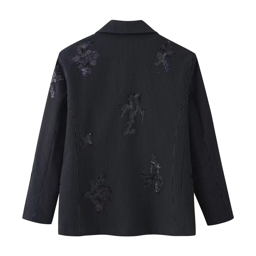 Damen legerer Ein-Knopf-Blazer im Nadelstreifen mit floraler Pailletten-Applikation – Valéne
