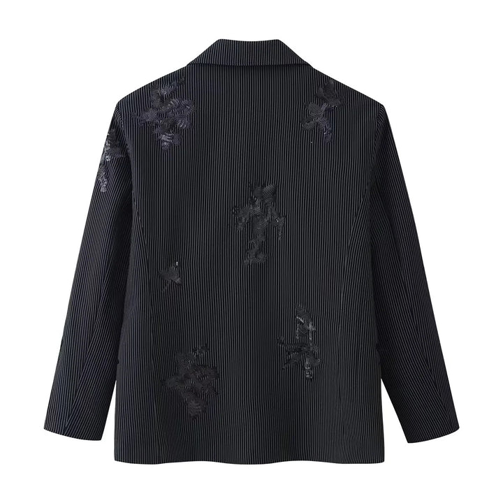 Damen legerer Ein-Knopf-Blazer im Nadelstreifen mit floraler Pailletten-Applikation – Valéne