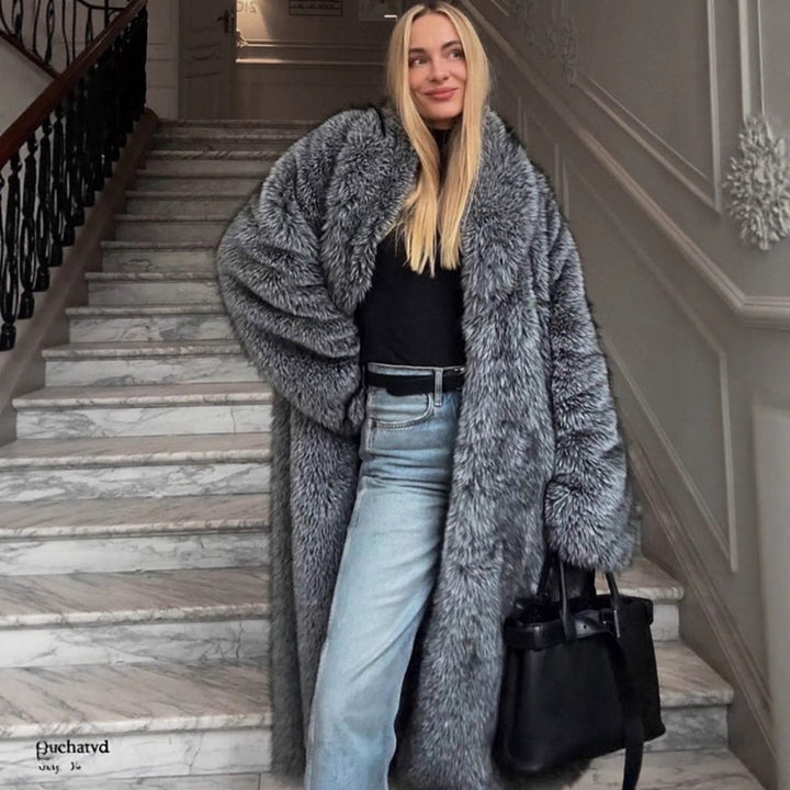 Damen Oversize langer Kunstpelz-Mantel mit voluminösen Ärmeln Echoarchiv