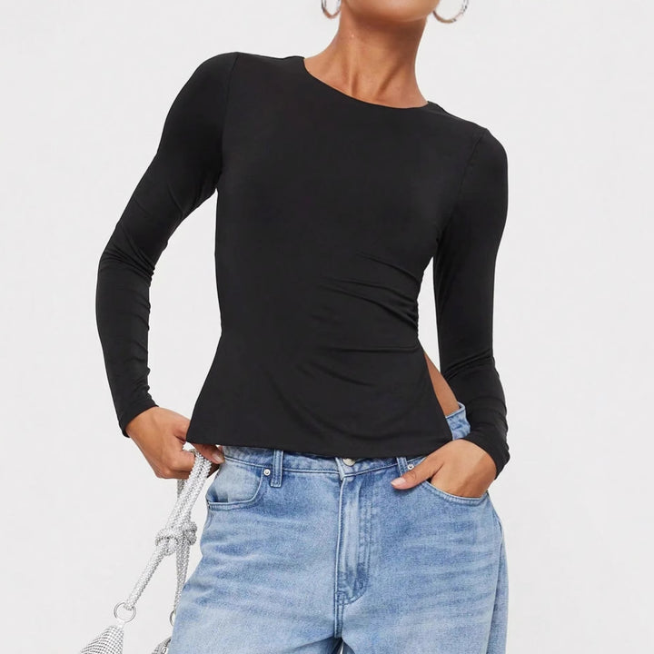 Damen kurzes Wickel-Crop-Top mit Rückenschnürung und langen Ärmeln – Avérine