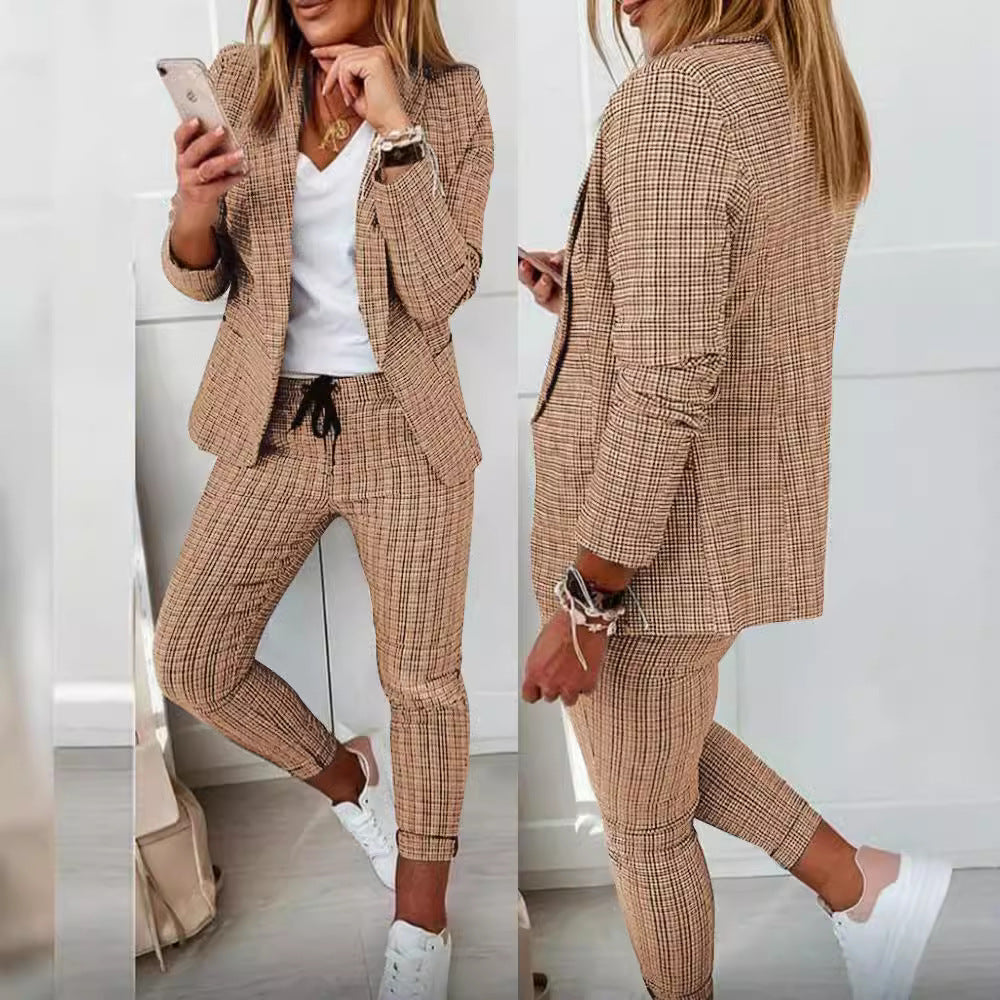 Damen Zweiteiler karierter Blazer und Slim-Fit Jogginghose mit Tunnelzug – Valéne
