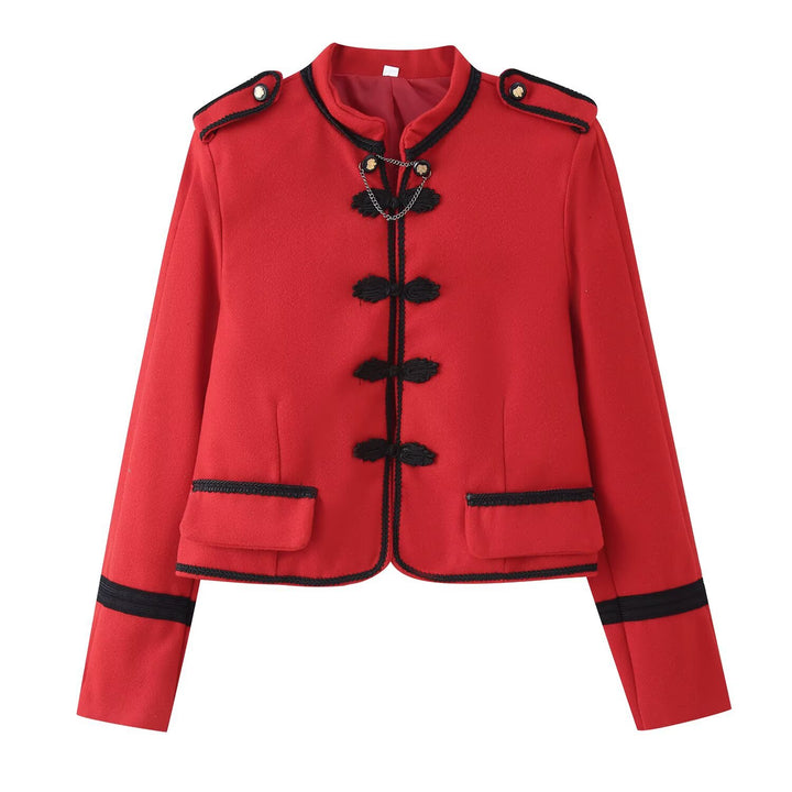 Damen Kurzjacke im Bouclé‑Look mit Mandarin‑Kragen, Kordelfroschverschluss und Zier‑Schulterklappen Echo Archiv