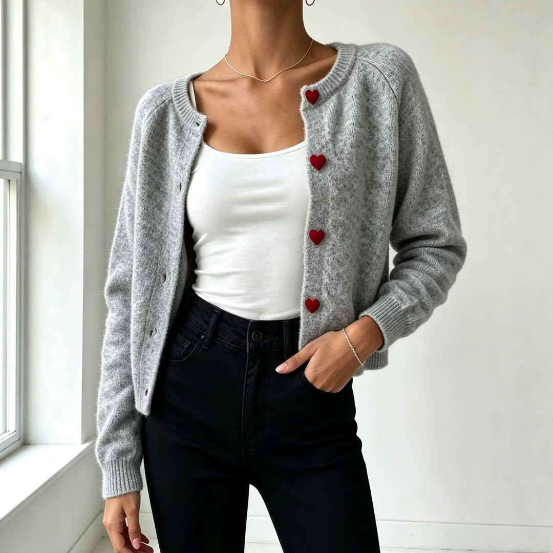 Damen Strickcardigan mit herzförmigen Zierknöpfen und weicher Mohair-Optik – Veloura