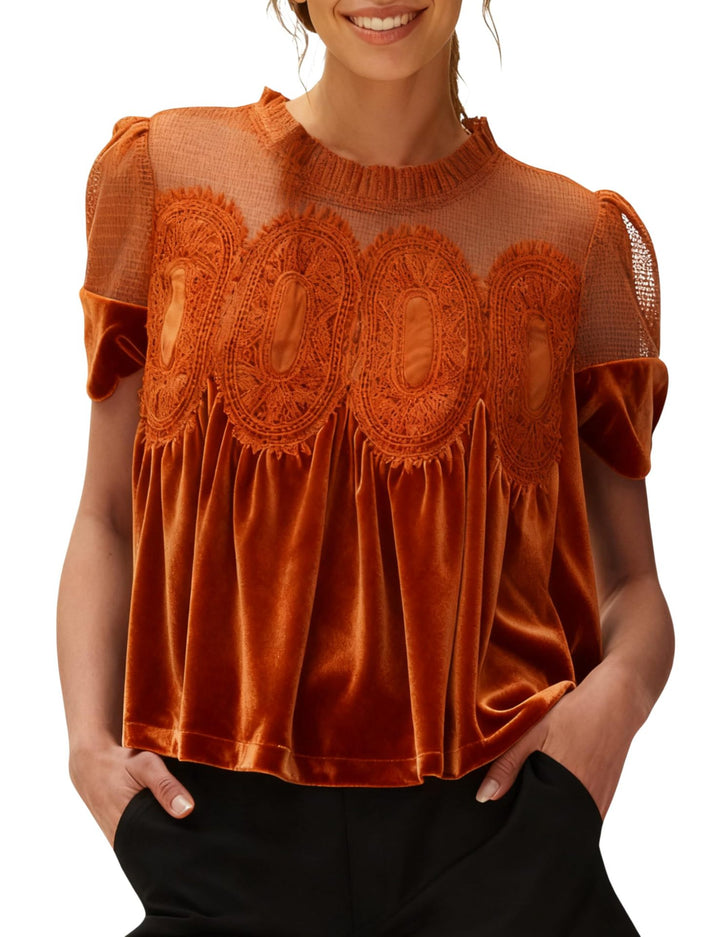 Damen Samtbluse mit Spitzenbesatz, transparentem Einsatz und geraffter A-Linie – Élovi