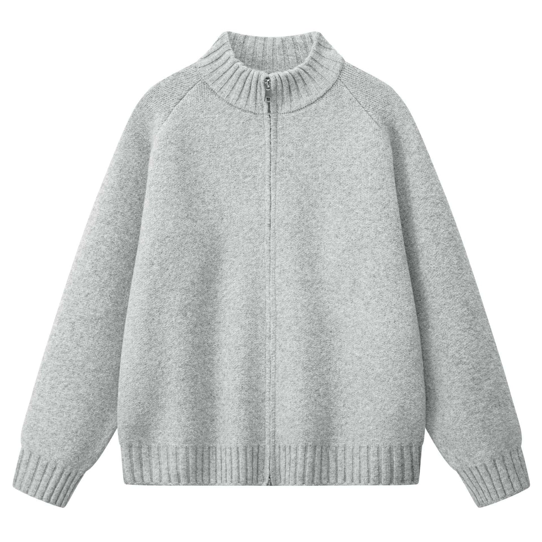 Damen Oversize Teddy-Strick-Cardigan mit Stehkragen, Rippsäumen & Zwei-Wege-Reißverschluss Echoarchiv