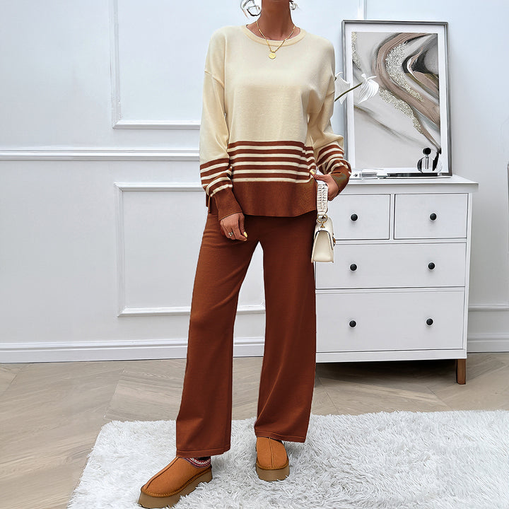 Damen nan lässiges Strick-Lounge-Set mit gestreiftem Rundhals-Pullover, Raglanärmeln und weiten taillenhohen Hosen Echo Archiv