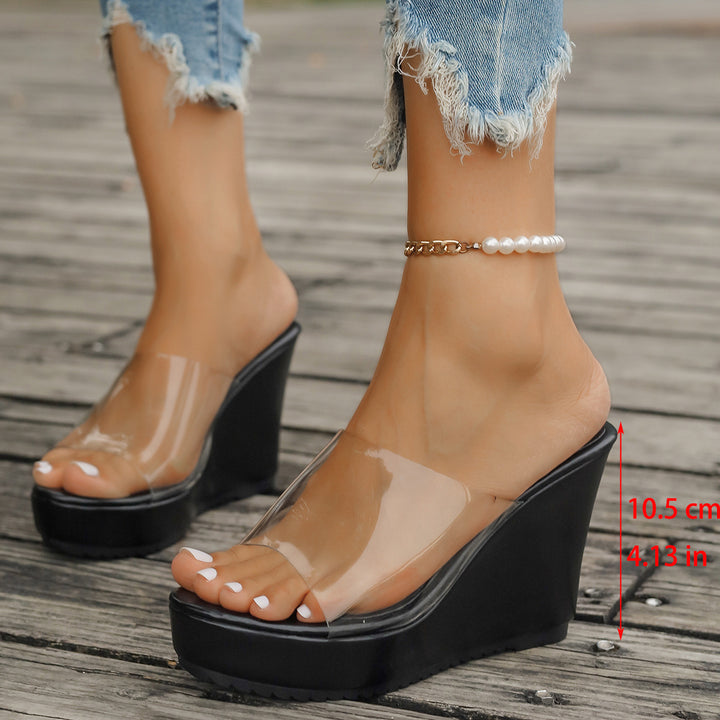 Damen nan transparente Mules mit PVC-Deckriemen, hohem Keilabsatz und rutschfester Laufsohle Echo Archiv