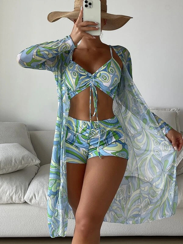 Damen Bikiniset mit floralem Oberteil und luftiger Wickeljacke Echo Archiv