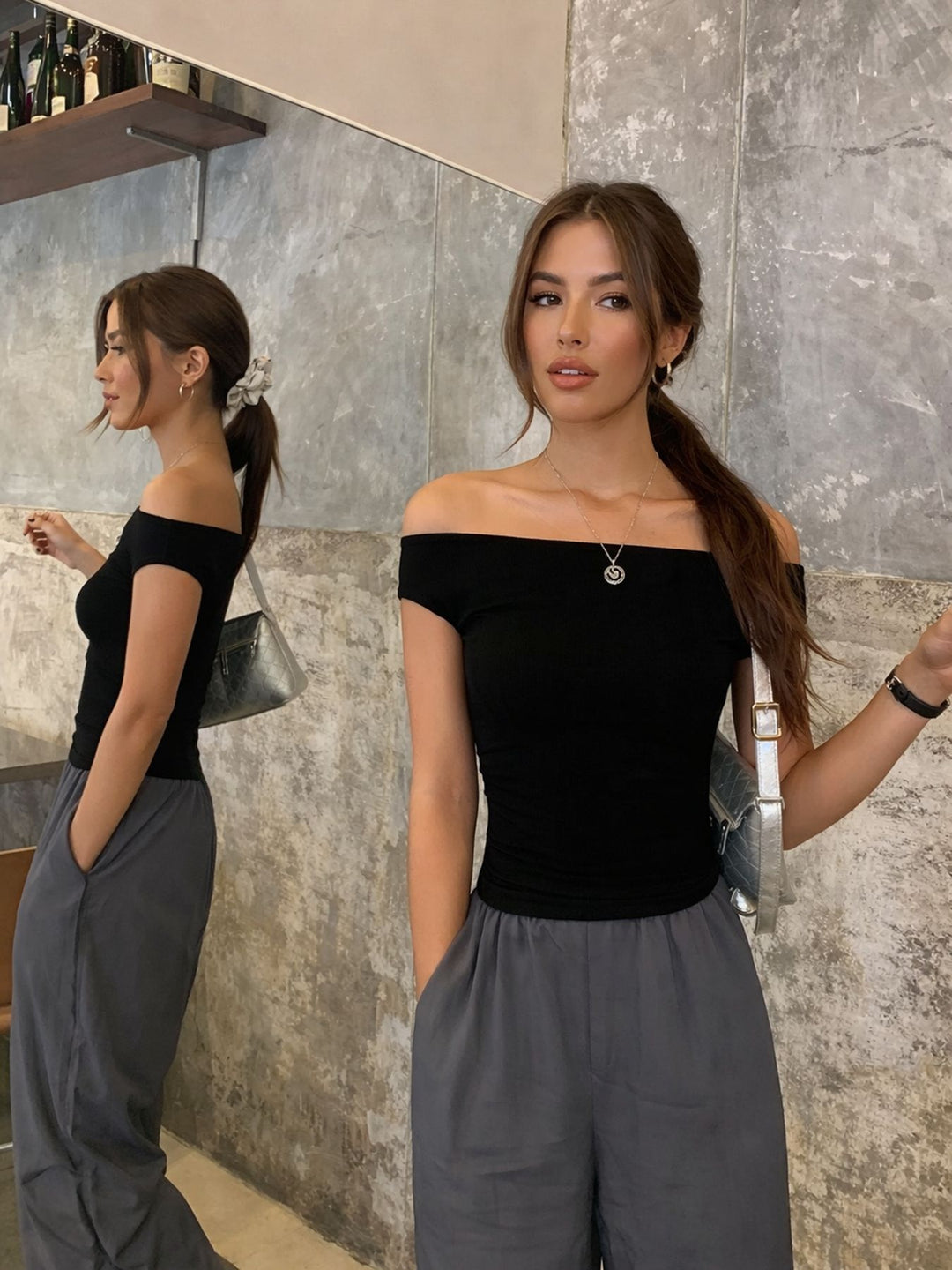 Damen Off-Shoulder Oberteil Echo Archiv