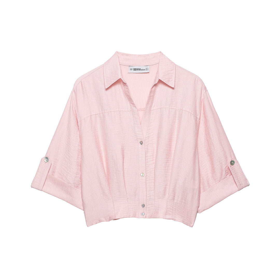 Damen Oversize Leichte Hemdbluse mit Umschlagärmeln und V-Ausschnitt Echoarchiv