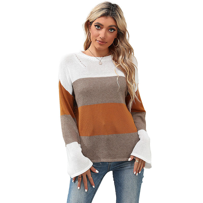 Damen Oversize Farbblock Strickpullover mit Rundhalsausschnitt und langen Ärmeln Echoarchiv