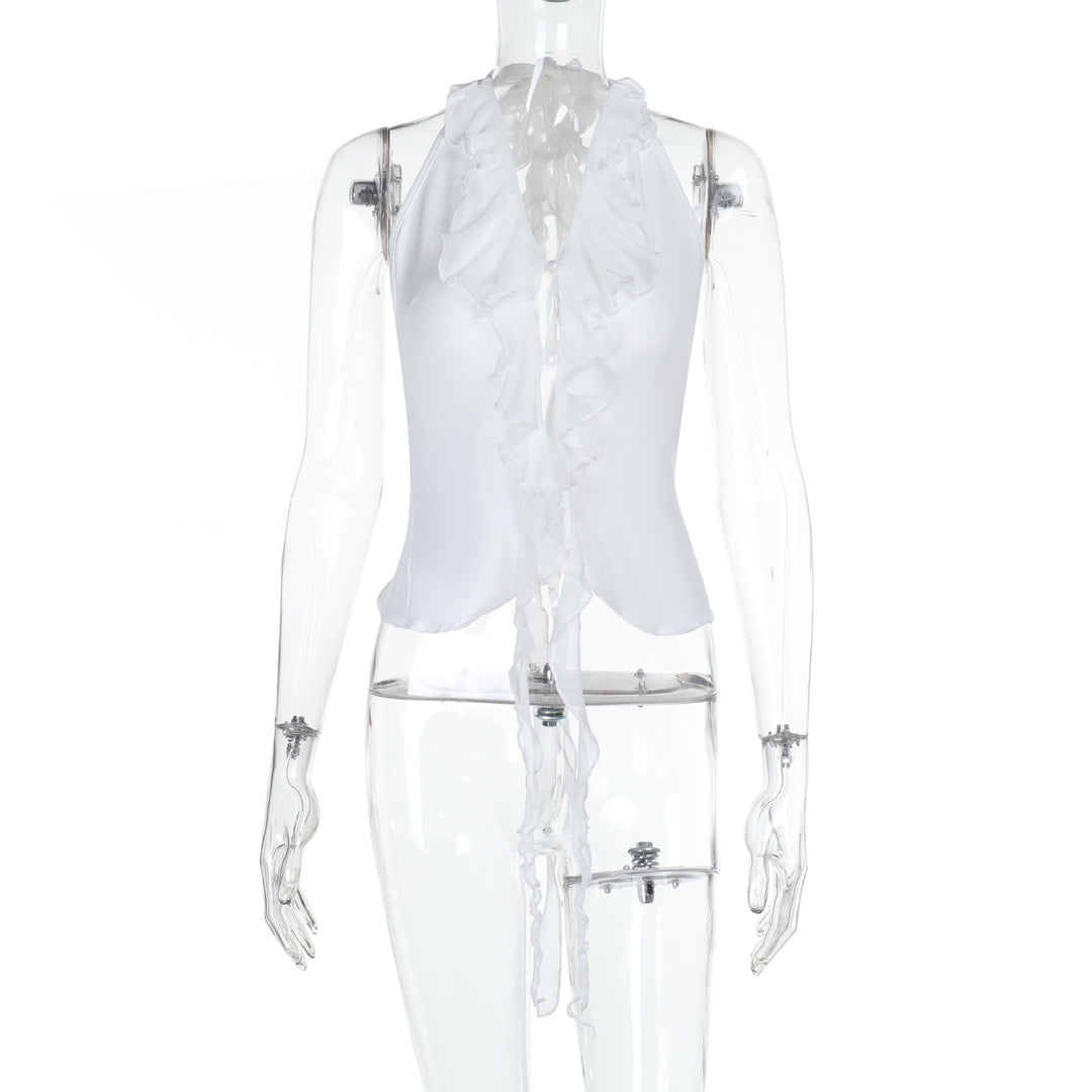 Damen elegantes Rüschenoberteil mit tiefem V-Ausschnitt und feinem Satin Echo Archiv