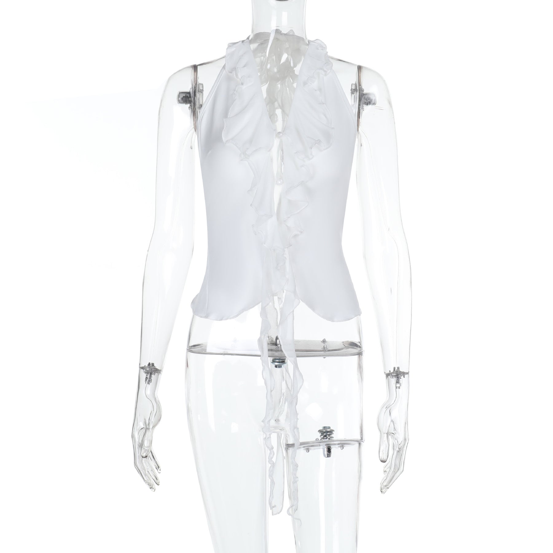 Damen elegantes Rüschenoberteil mit tiefem V-Ausschnitt und feinem Satin Echo Archiv