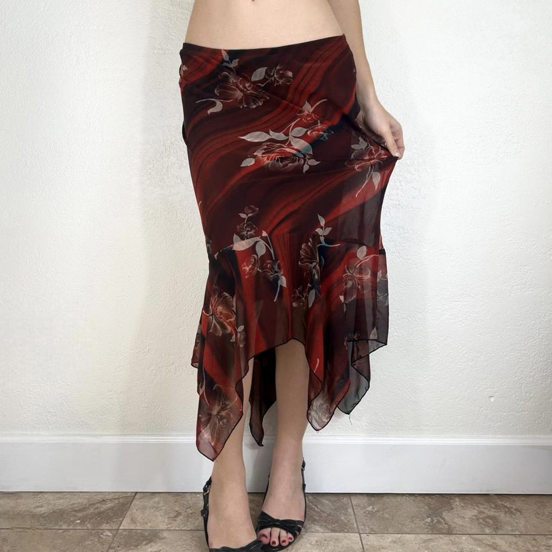 Damen Asymmetrischer Mesh-Midirock mit Volantstufen und floralem Muster Echo Archiv
