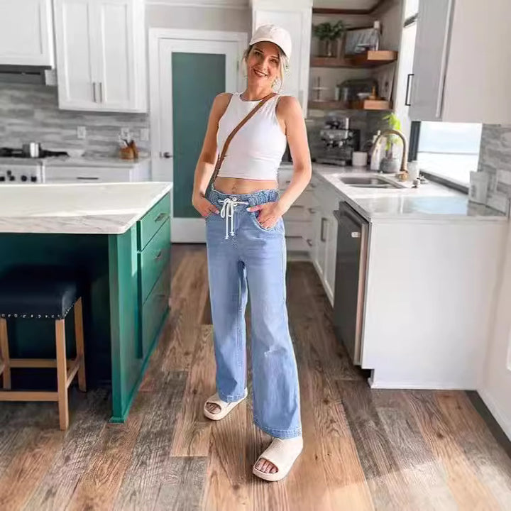 Damen nan hochgeschnittene Weitbein-Jeans mit Kordelbund und lässiger Culotte-Silhouette Echo Archiv