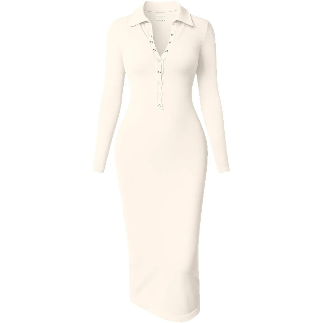Damen Figurbetontes Midikleid mit Polokragen und Druckknopfleiste Echoarchiv