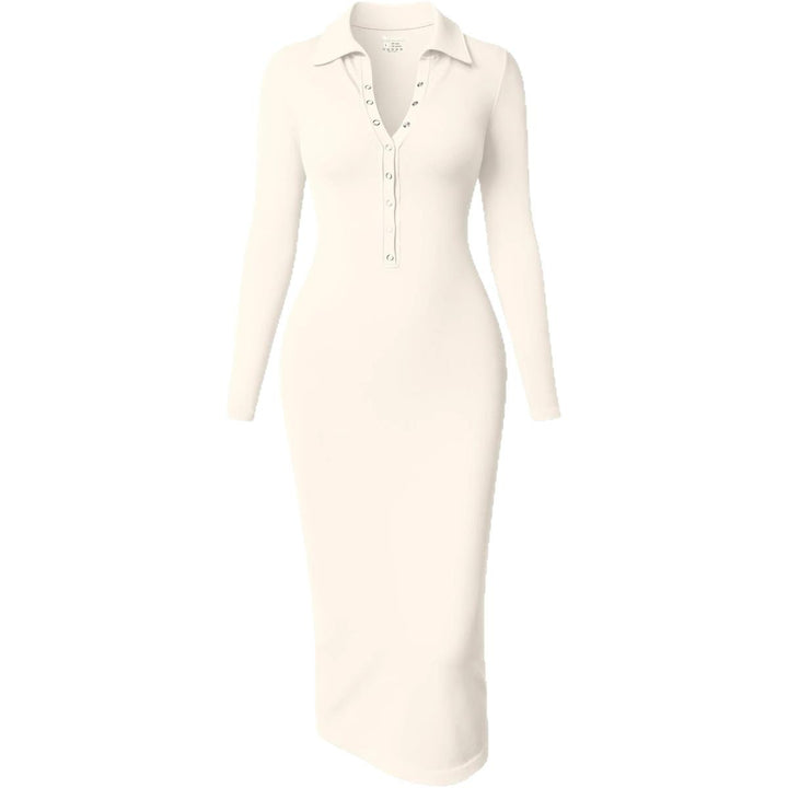 Damen Figurbetontes Midikleid mit Polokragen und Druckknopfleiste Echoarchiv