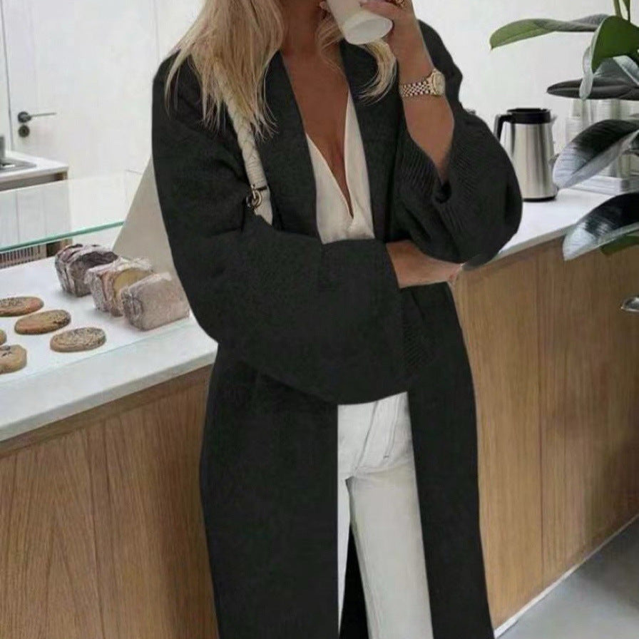 Damen Langer offener Strickmantel-Cardigan mit schulterfreiem Oversize-Schnitt und Kaschmir-Touch – Veloura