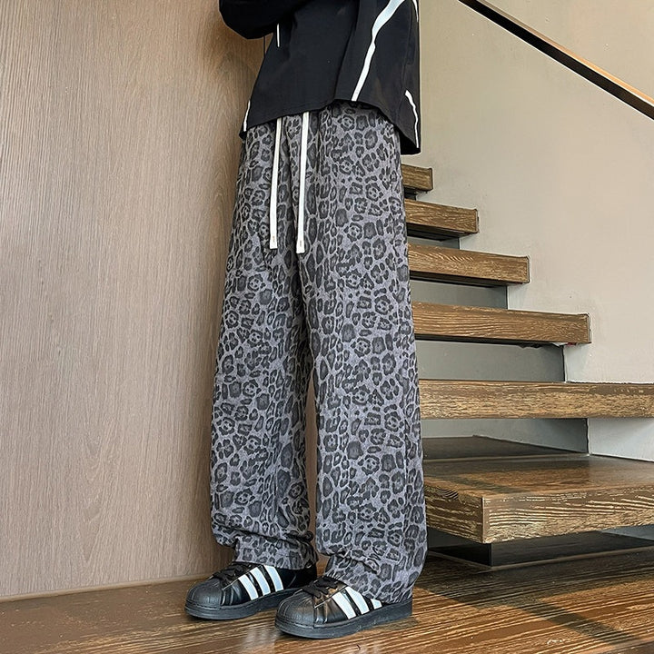 Herren Weit geschnittene Leoprint-Hose aus leichtem Viskose-Mix mit Kordelzug Echo Archiv