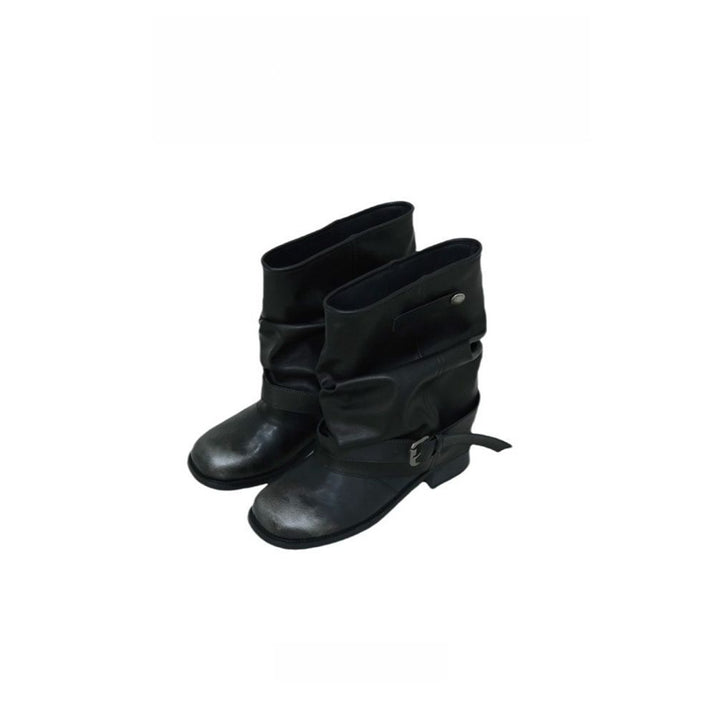 Damen Biker-Stiefel mit lässig geschlagenem Schaft, Schnallenriemen und niedrigem Blockabsatz – Lioré