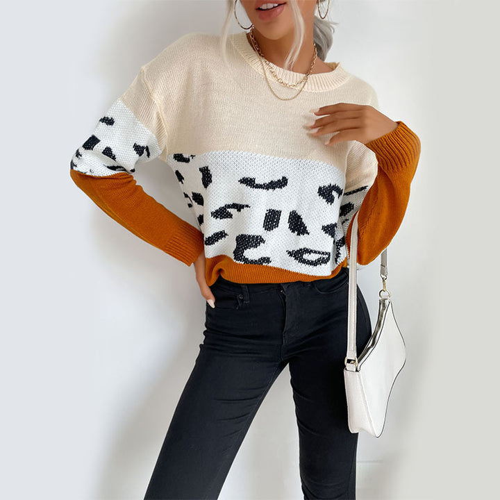 Damen Colorblock Strickpullover mit Leopardenmuster, Rundhals und lässiger Passform Echoarchiv