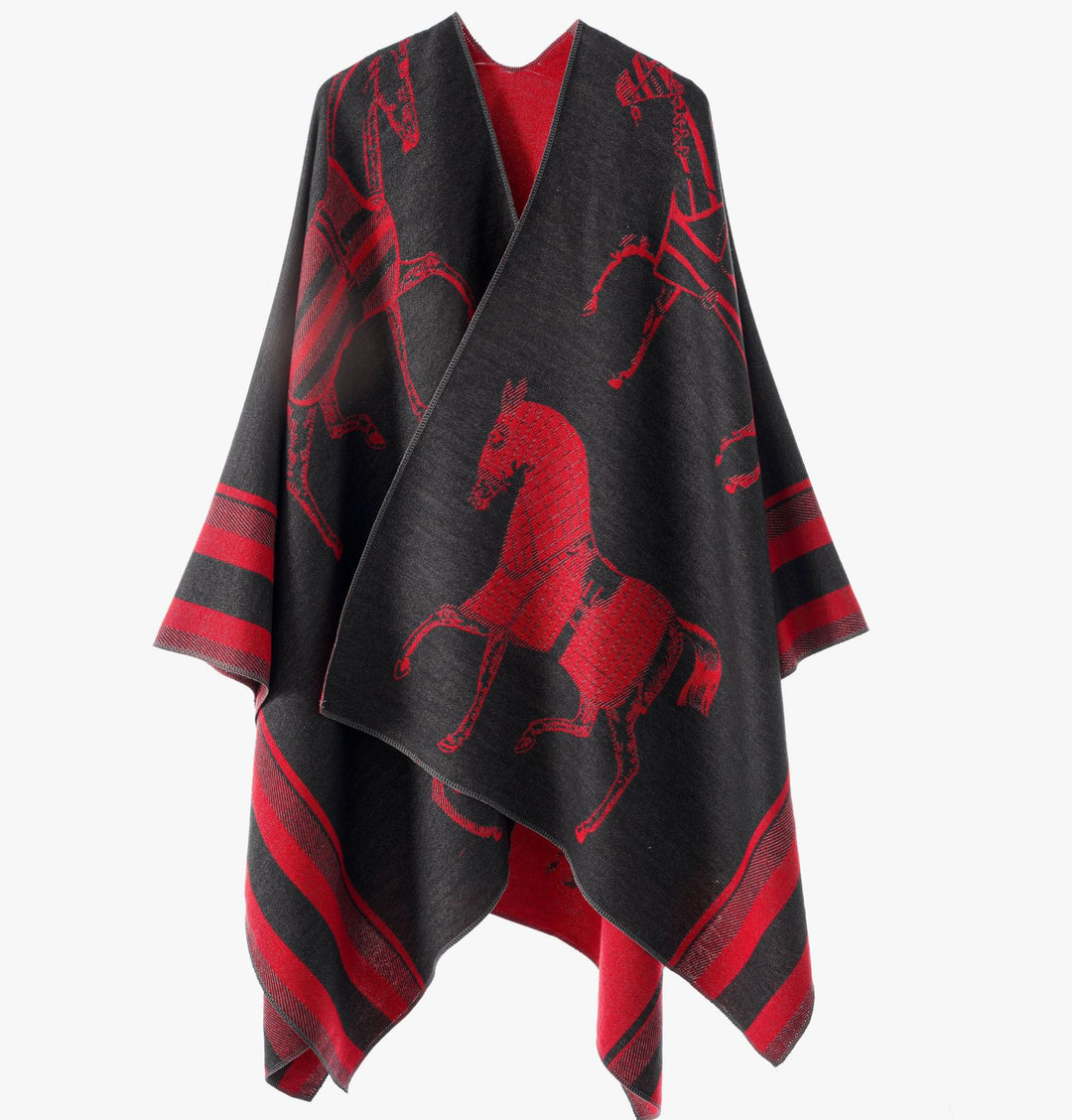 Damen Jacquard-Poncho-Überwurf mit Pferde-Motiv und kastiger Kimono-Silhouette – Célinea