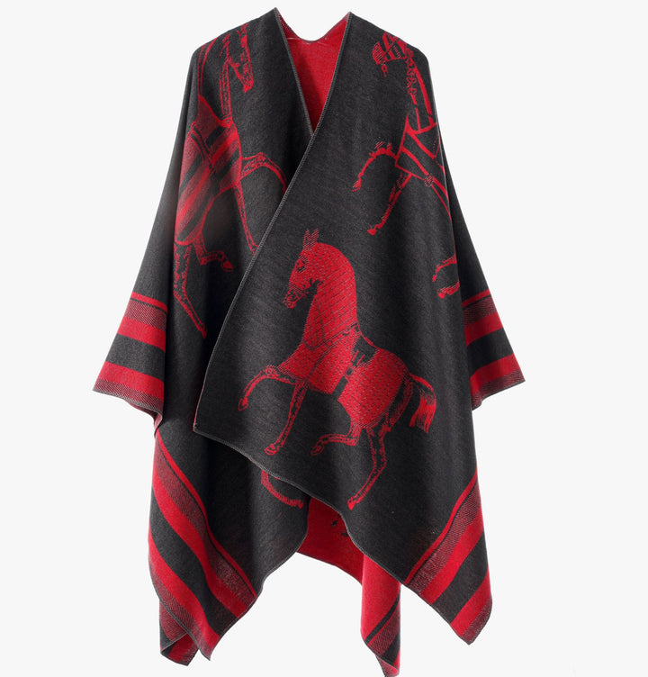 Damen Jacquard-Poncho-Überwurf mit Pferde-Motiv und kastiger Kimono-Silhouette – Célinea