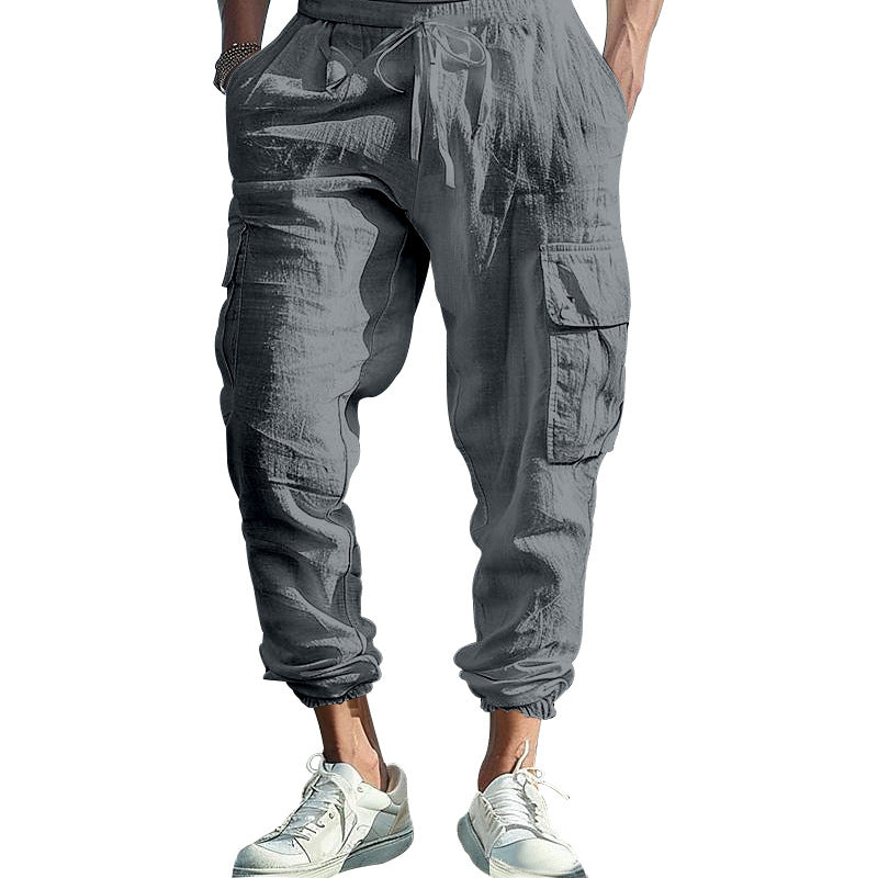 Herren nan lässige Leinen-Cargo-Jogger mit Kordelbund, großen Klapptaschen und elastischem Knöchelabschluss Echo Archiv