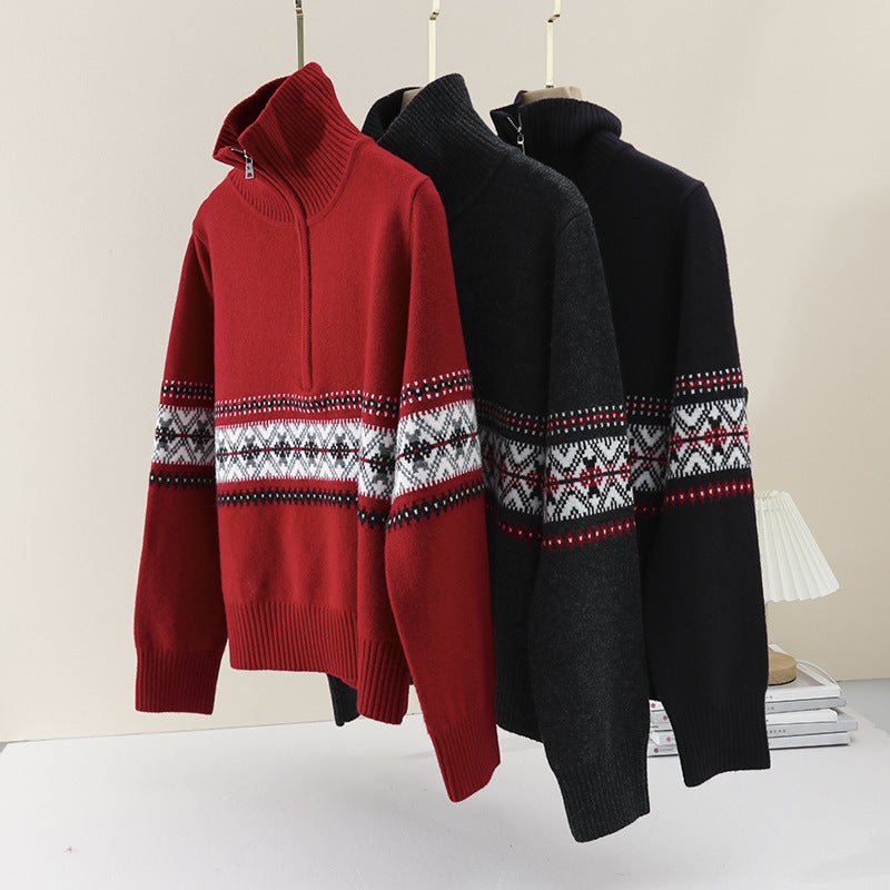 Damen Wärmender Norweger-Strickpullover mit halbem Reißverschluss und hohem Stehkragen Echo Archiv