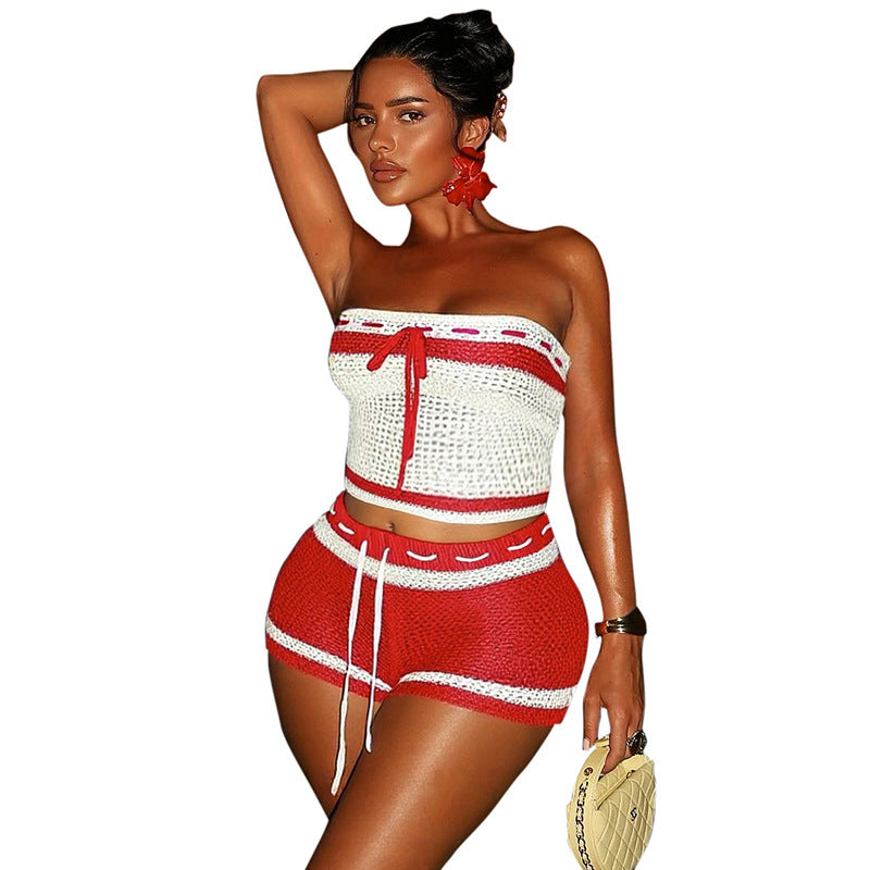 Damen Knitted Bandeau Set mit Shorts und verstellbarem Kordelzug Echo Archiv