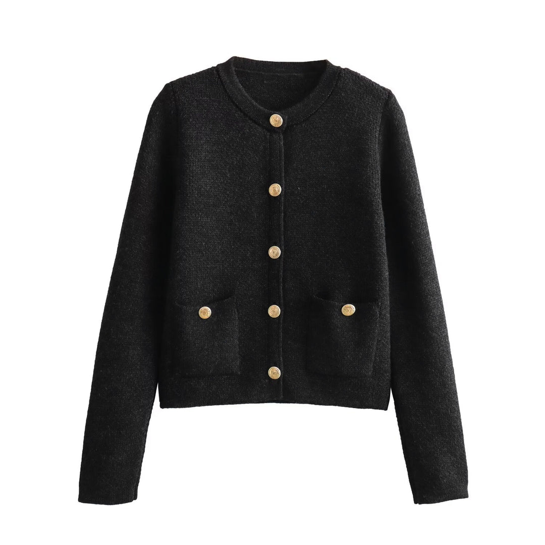 Damen Kurzgeschnittener Bouclé-Cardigan mit Rundhals, Pattentaschen und Münzknöpfen Echo Archiv