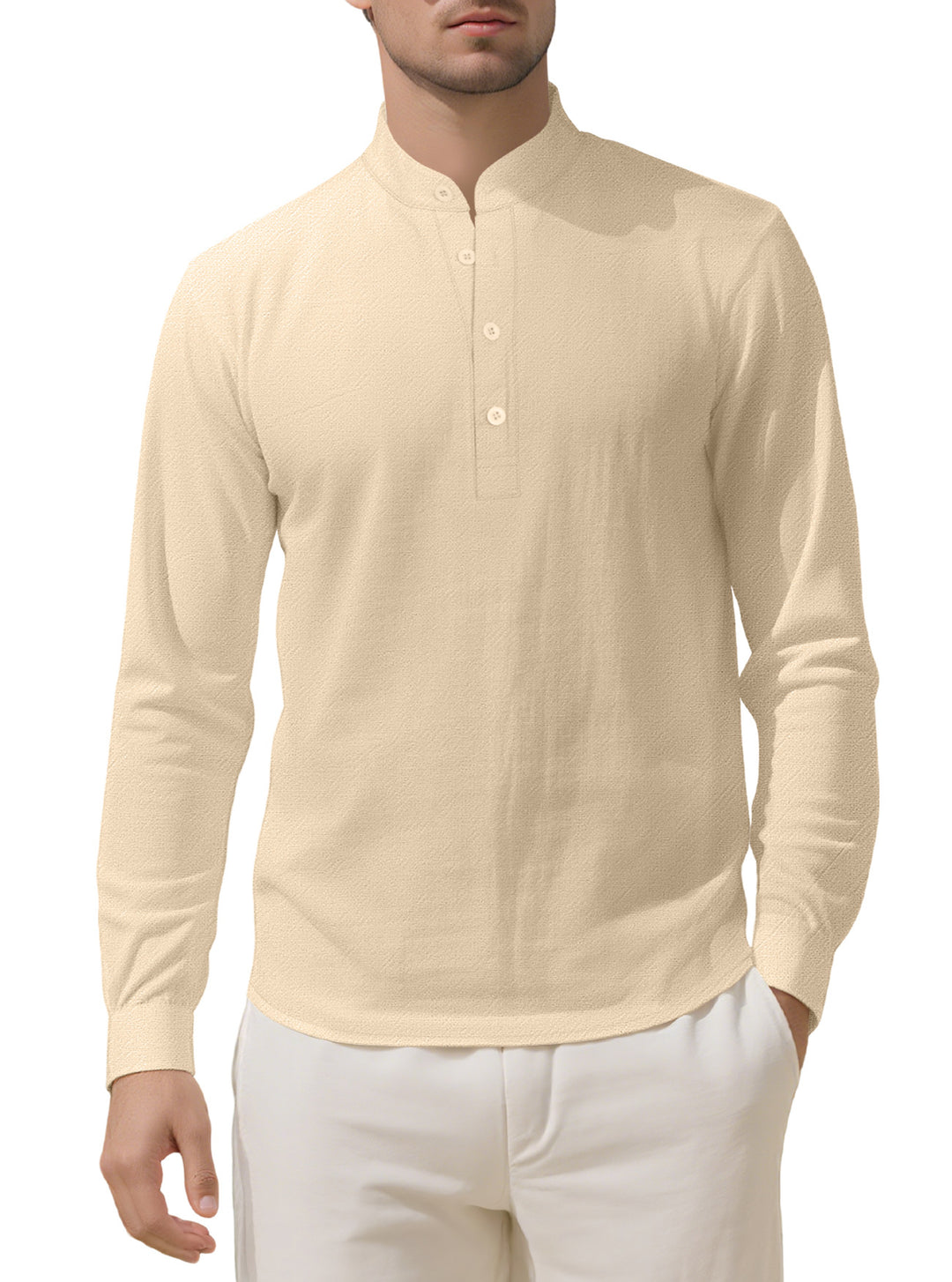 Herren nan Nehru-Kragen-Henley aus Baumwollstretch mit verdeckter Knopfleiste und schmaler Passform Echo Archiv