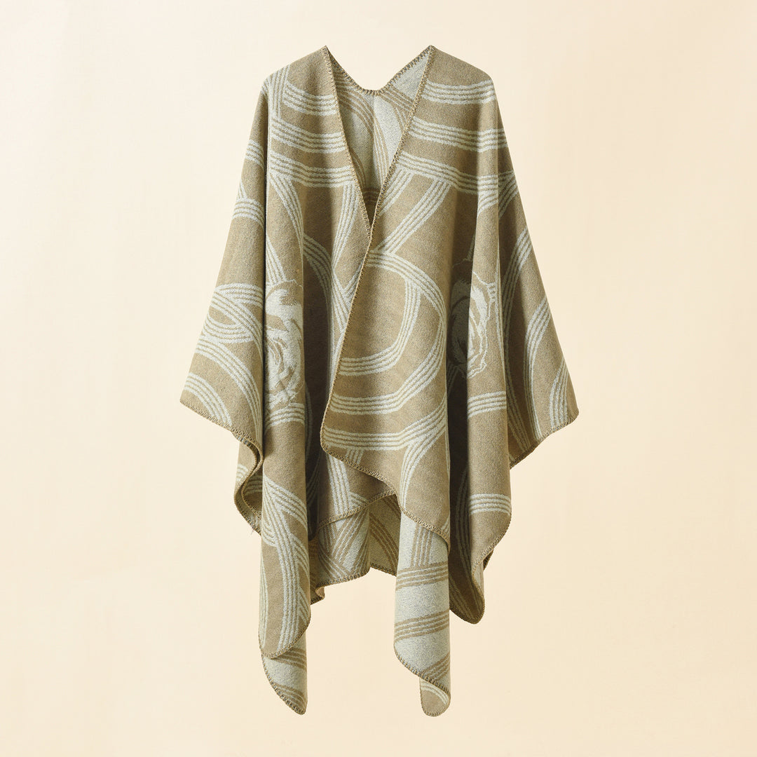Damen Reversfreier Jacquard-Umhang im kastigen Oversize mit abstraktem Medaillonmuster Echo Archiv