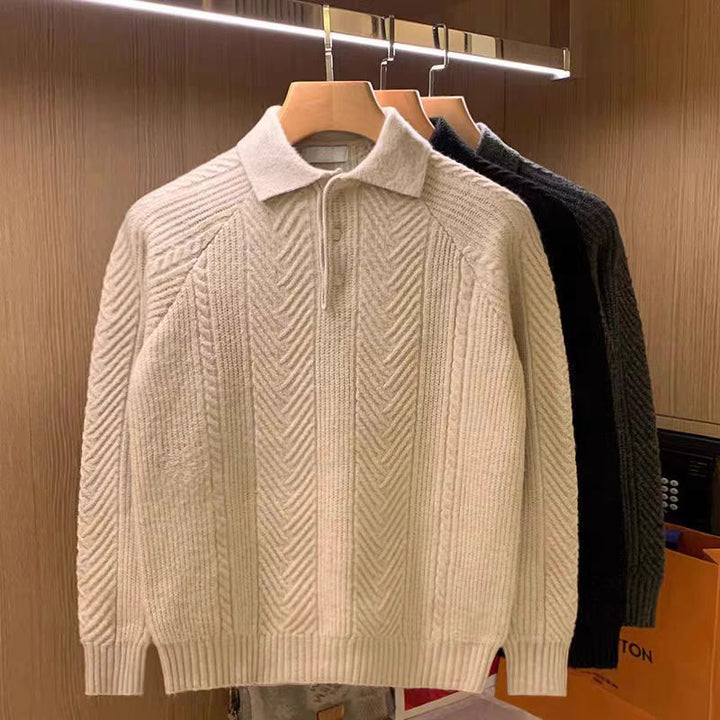 Herren Feinstrick-Polopullover mit halber Knopfleiste und Zopfmuster Echoarchiv