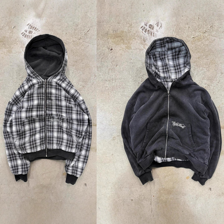 Unisex nan wendbare Kapuzenjacke mit kariertem Innenfutter, durchgehendem Reißverschluss und Kängurutasche Echo Archiv