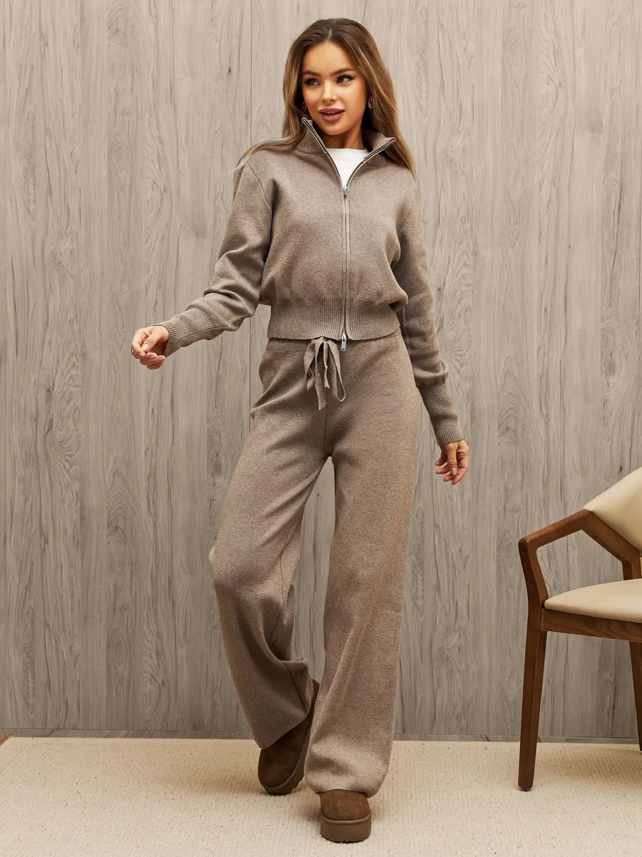 Damen nan gestricktes Loungewear-Zweiteiler mit kurzem Reißverschluss-Cardigan und weitem Highwaist-Hosenbein Echo Archiv