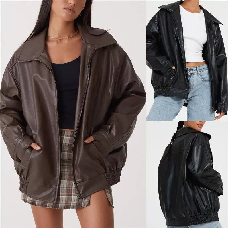 Damen Oversize Kunstleder Blouson mit Reißverschluss und elastischem Saum – Célinea
