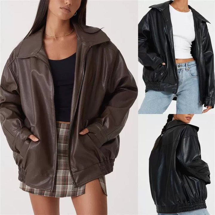 Damen Oversize Kunstleder Blouson mit Reißverschluss und elastischem Saum – Célinea