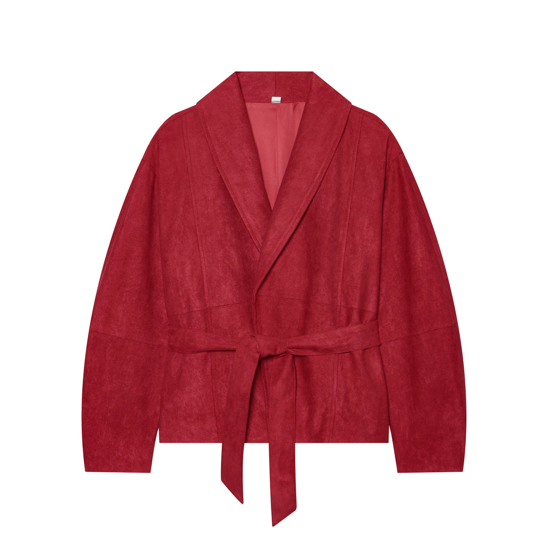 Damen Kurze Bindegürtel-Jacke aus weichem Veloursimitat mit Schalkragen Echo Archiv