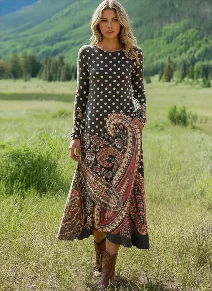 Damen Maxikleid mit Paisley‑ und Polka‑Dot‑Print, langärmeliges A‑Linien‑Jerseykleid – Valéora