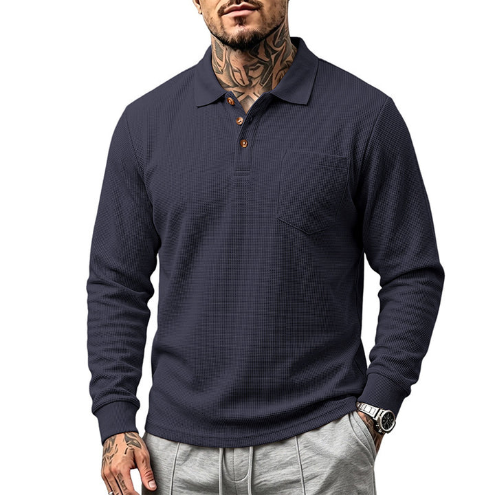 Herren Waffelstrukturiertes Langarm-Poloshirt mit Brusttasche und Holzknopfleiste – Cavello