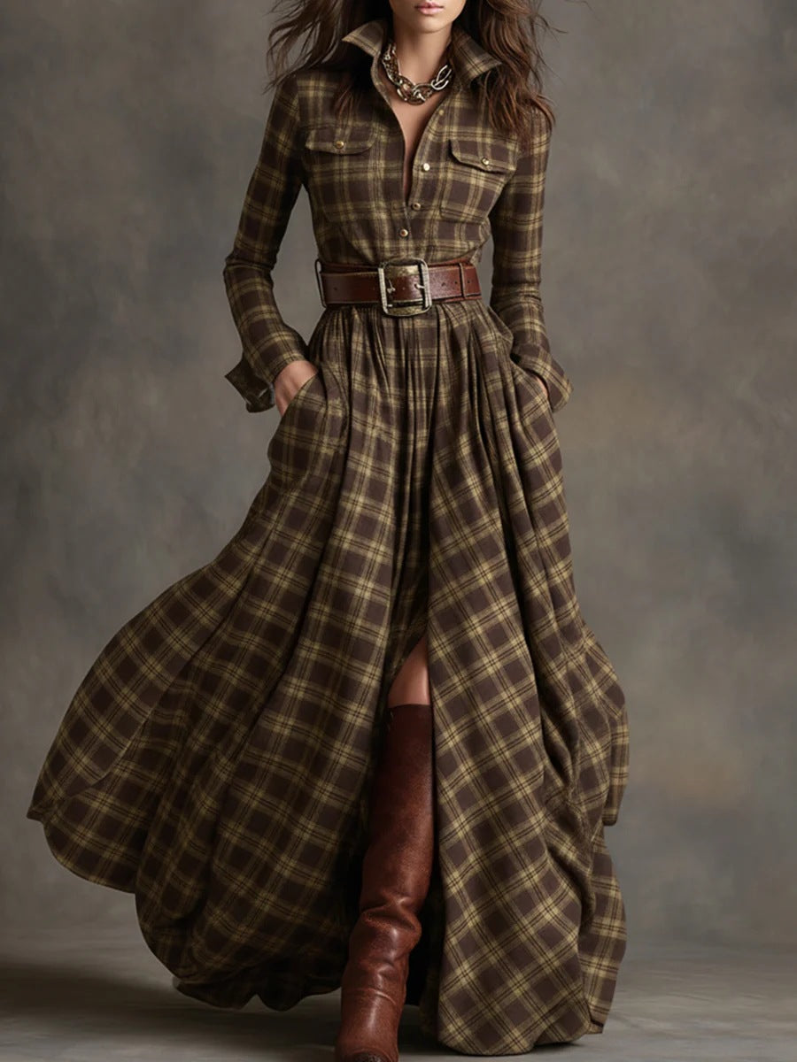 Damen nan karierte Maxikleid Hemdblusenkleid mit ausgestelltem Rock und breitem Taillengürtel Echo Archiv