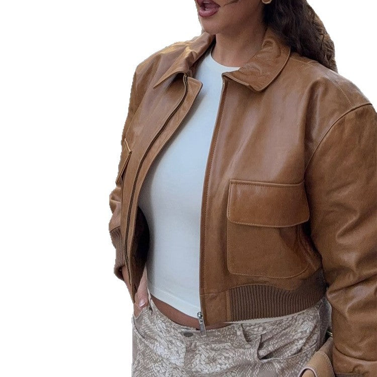 Damen Kurze Lederoptik-Blousonjacke mit großen Pattentaschen und geripptem Bund Echoarchiv