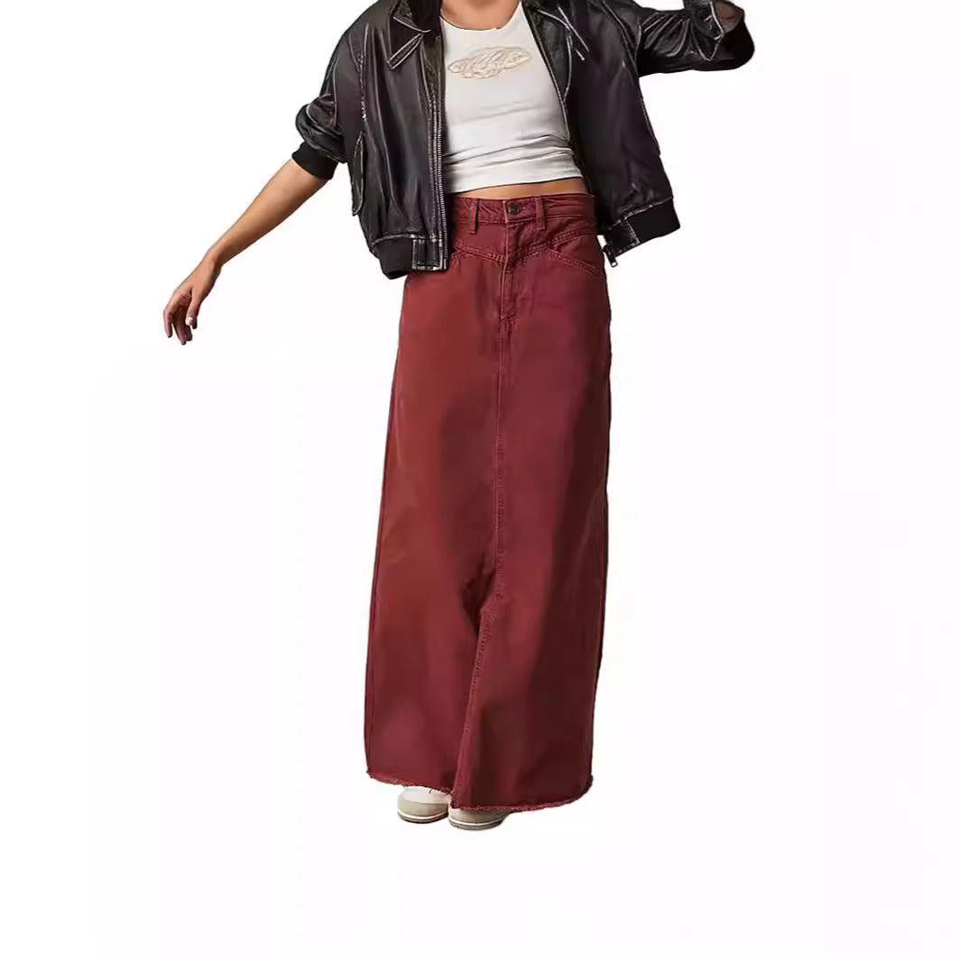 Damen Langer Denim-Rock mit hohem Bund und praktischen Taschen Echoarchiv