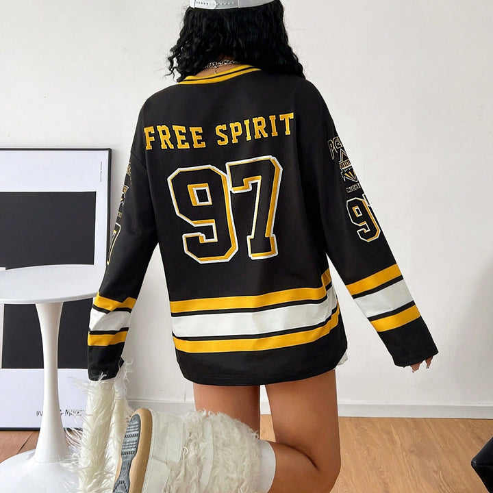 Damen Lässiges Oversized-Sweatshirt im Hockey-Look mit V-Ausschnitt und Blockstreifen – Avérine