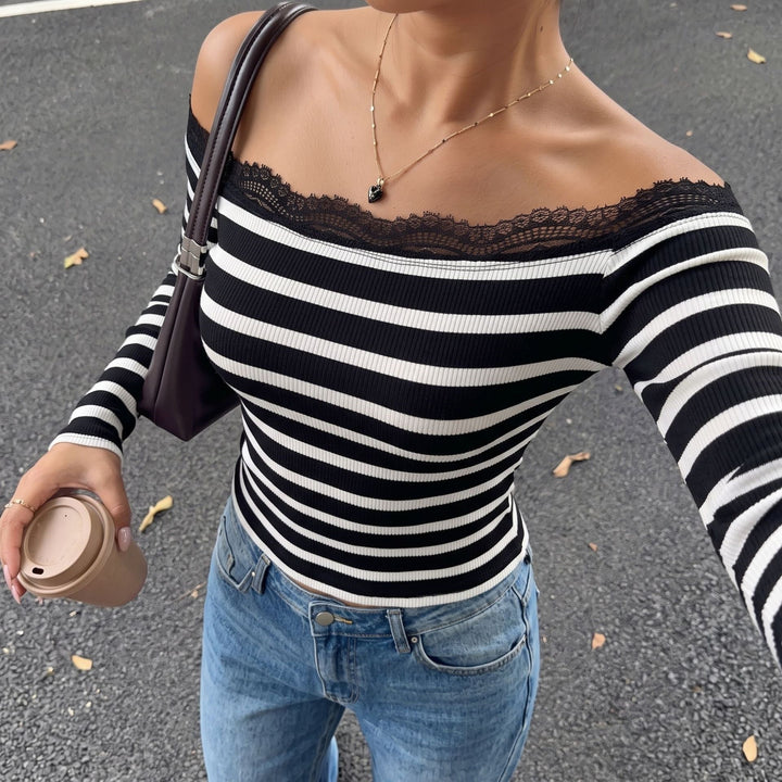 Damen Off-Shoulder Streifenoberteil mit Spitzenrand Echo Archiv