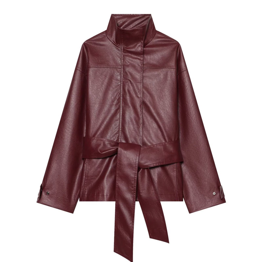 Damen Taillierte Kunstlederjacke mit hohem Stehkragen und Bindegürtel Echoarchiv