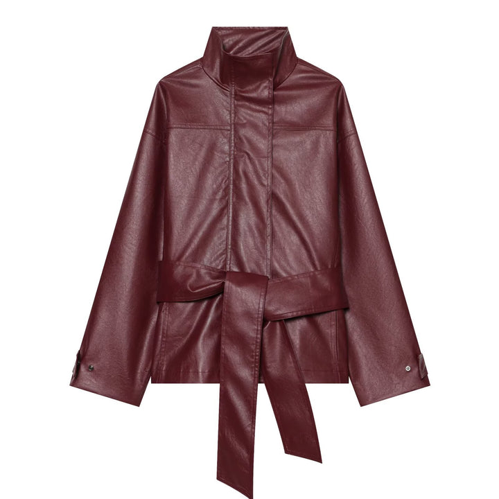 Damen Taillierte Kunstlederjacke mit hohem Stehkragen und Bindegürtel Echoarchiv