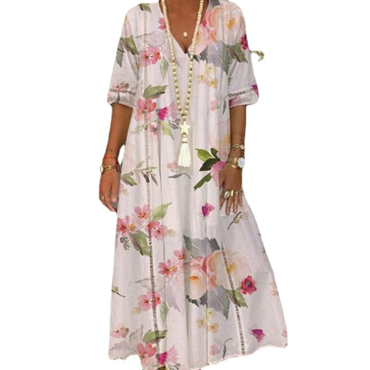 Damen nan locker fließendes Kaftan-Midimaxikleid mit V-Ausschnitt, ajourbesetzten Bahnen und leichter Leinenmisch-Qualität Echo Archiv