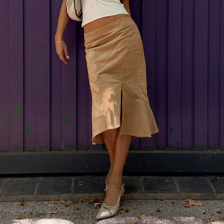 Damen ausgestellter Midirock mit seitlicher Blumenstickerei und Volant Echo Archiv